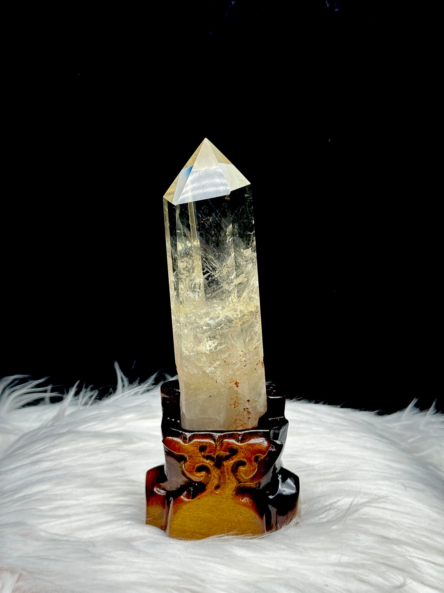 Natural Blue Needle Citrine Point on Custom Wooden Stand - 381g, 7.3 inches