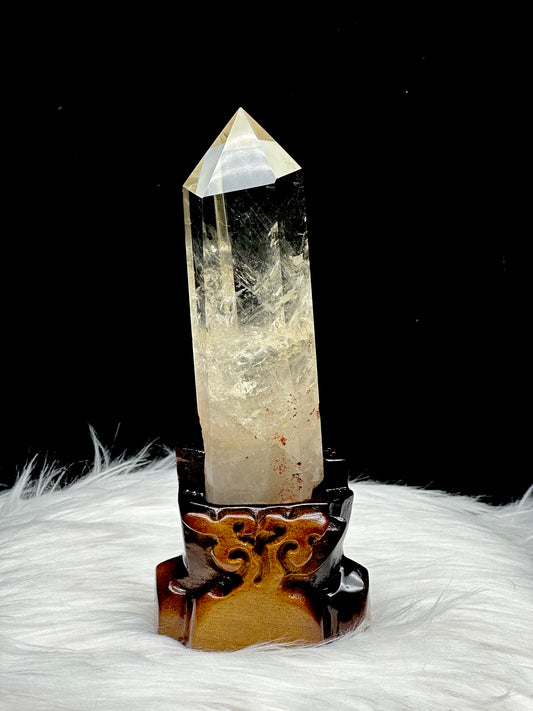 Natural Blue Needle Citrine Point on Custom Wooden Stand - 381g, 7.3 inches