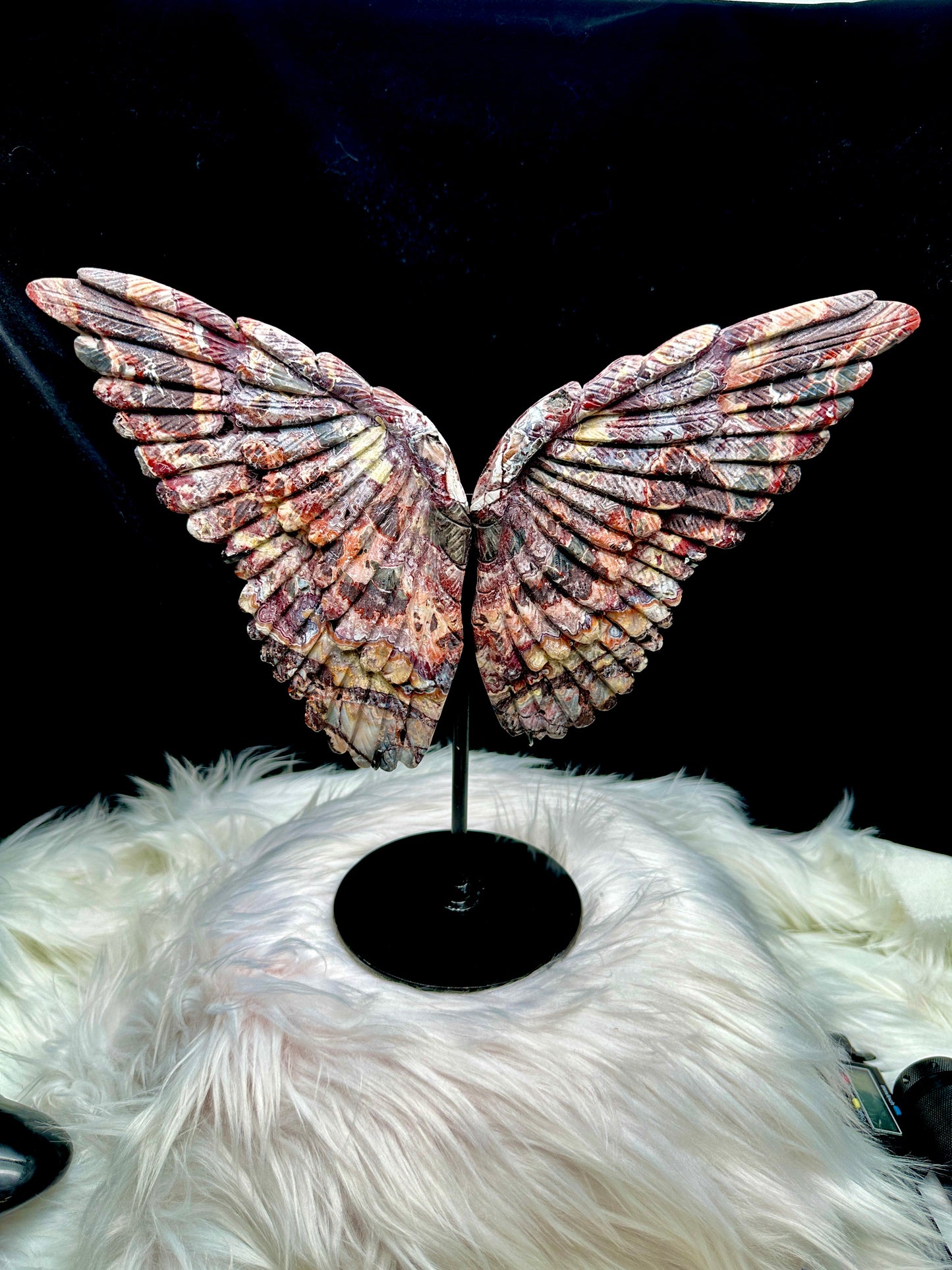 Large Mexican Crazy Lace Agate Crystal Butterfly Wings on Stand - Natural Crystal Sculpture