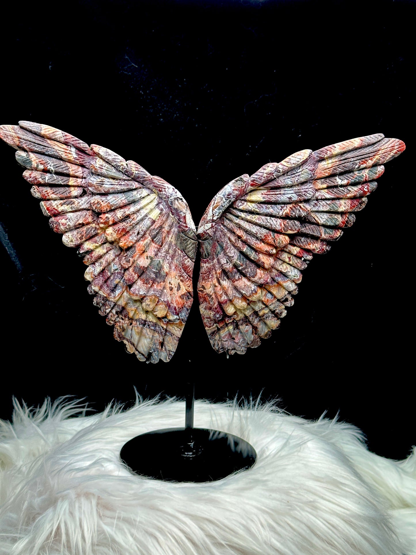 Large Mexican Crazy Lace Agate Crystal Butterfly Wings on Stand - Natural Crystal Sculpture