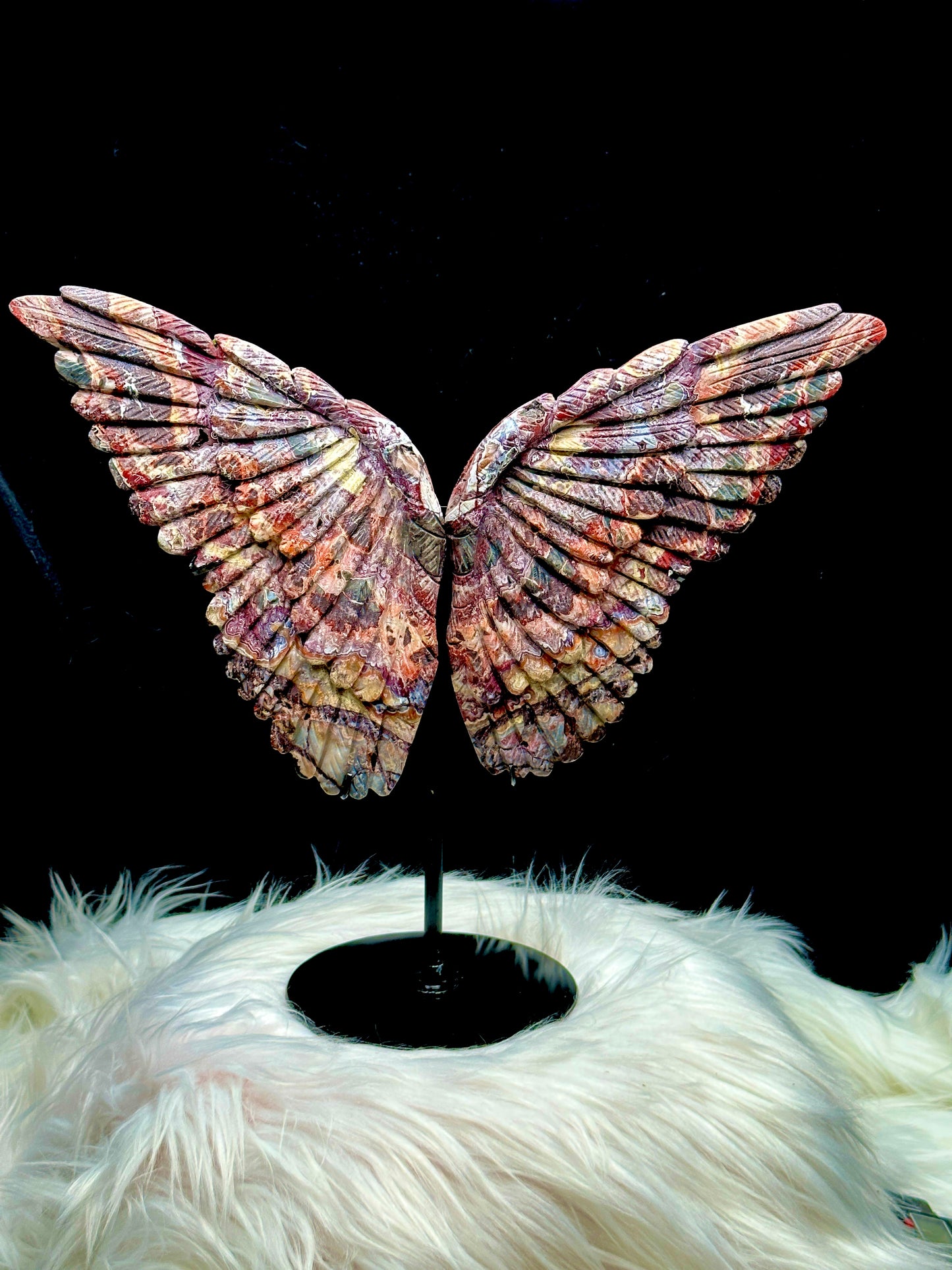 Large Mexican Crazy Lace Agate Crystal Butterfly Wings on Stand - Natural Crystal Sculpture