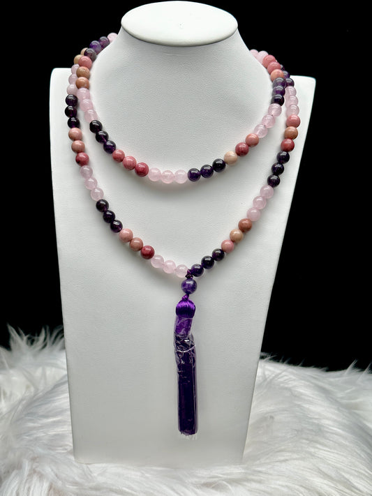 Rhodonite, Rose Quartz, and Amethyst Crystal Beaded Necklace/Mala