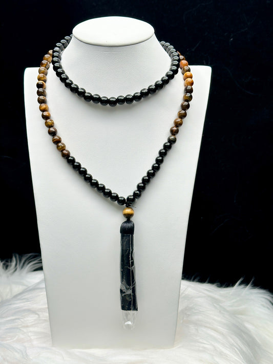 Tiger eye and Black Tourmaline Crystal Beaded Necklace/Mala