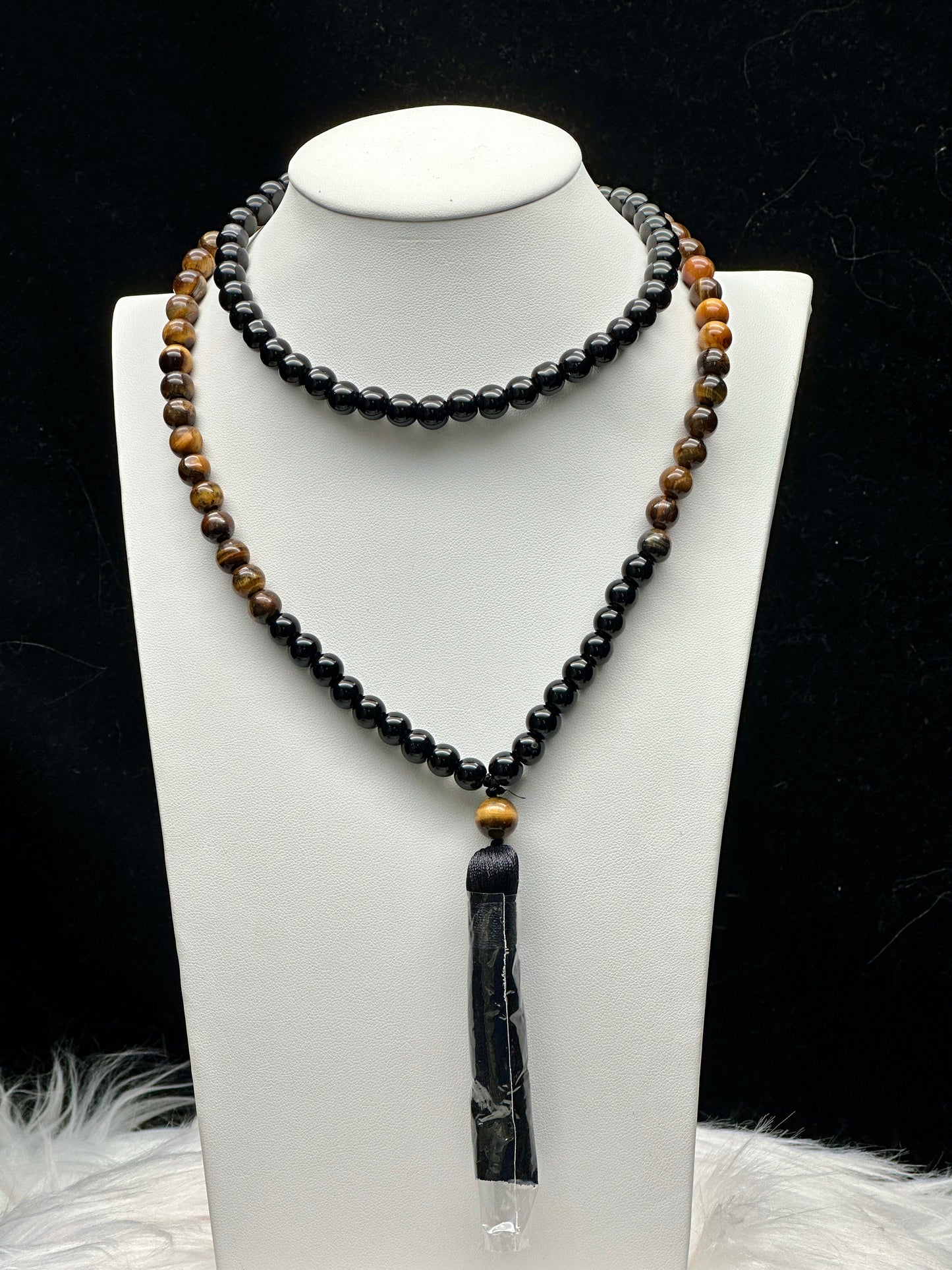 Tiger eye and Black Tourmaline Crystal Beaded Necklace/Mala