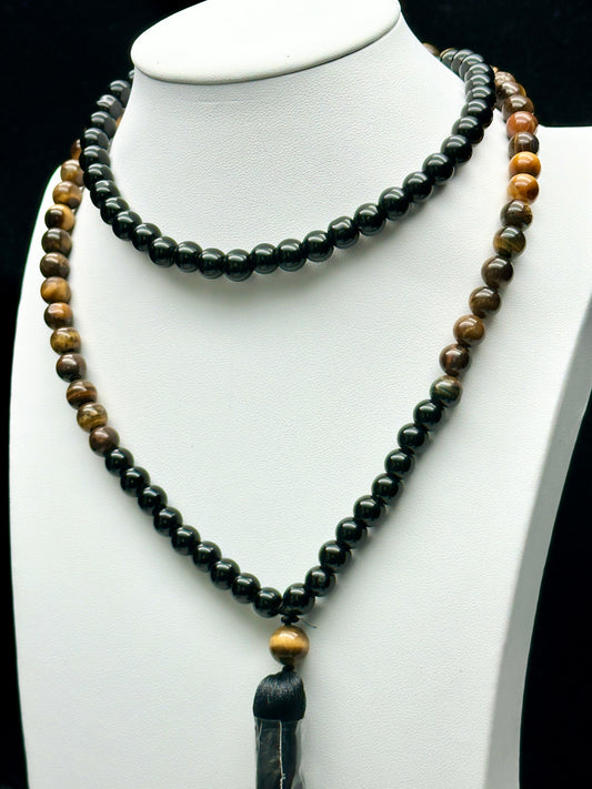 Tiger eye and Black Tourmaline Crystal Beaded Necklace/Mala