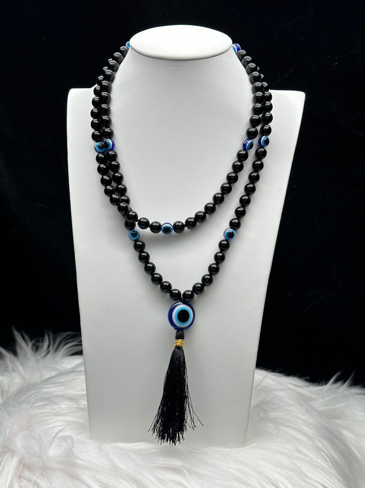 Handcrafted Black Tourmaline Crystal Evil Eye Beaded Necklace/Mala - Natural Gemstones - Unique Piece