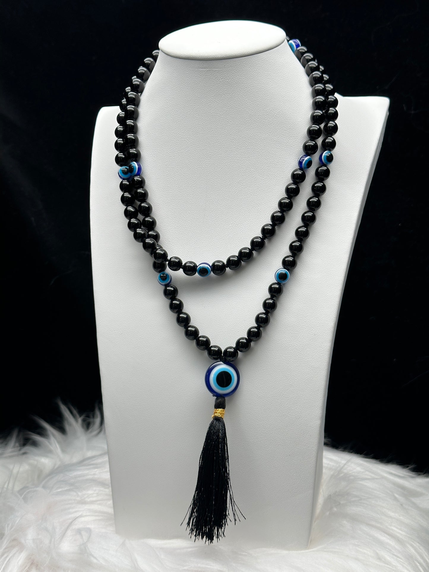 Handcrafted Black Tourmaline Crystal Evil Eye Beaded Necklace/Mala - Natural Gemstones - Unique Piece