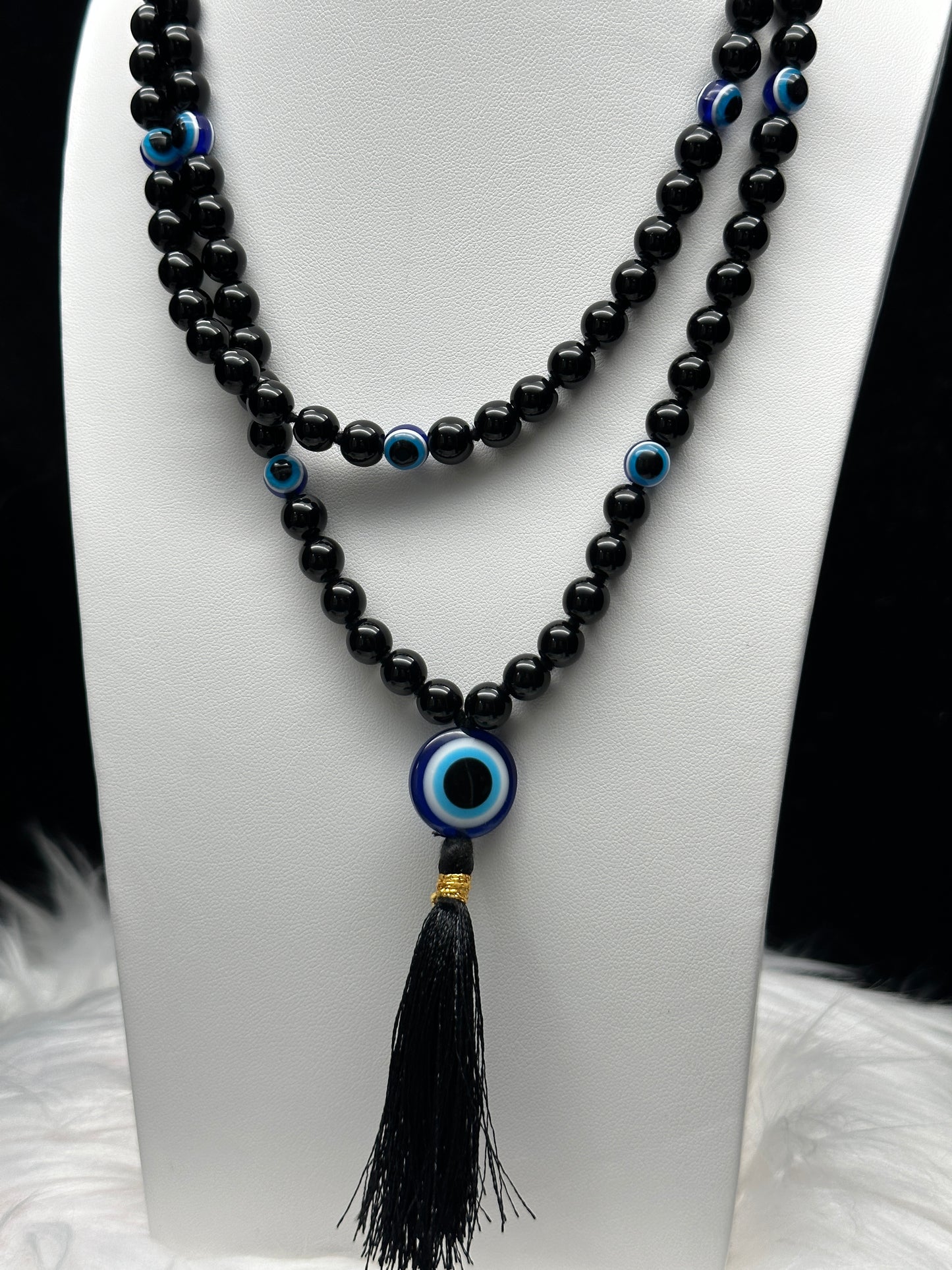 Handcrafted Black Tourmaline Crystal Evil Eye Beaded Necklace/Mala - Natural Gemstones - Unique Piece