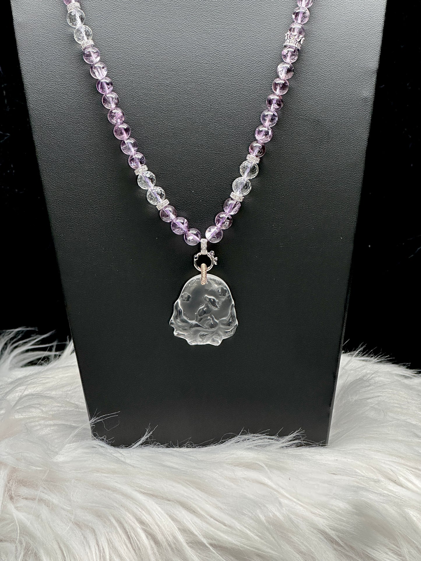 Amethyst Beaded Necklace with Clear Quartz Nine tailed fox Pendant