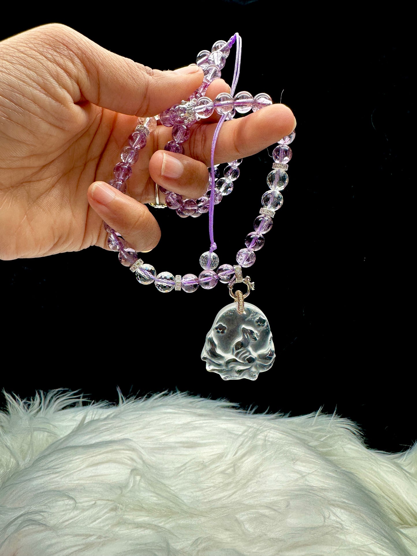 Amethyst Beaded Necklace with Clear Quartz Nine tailed fox Pendant