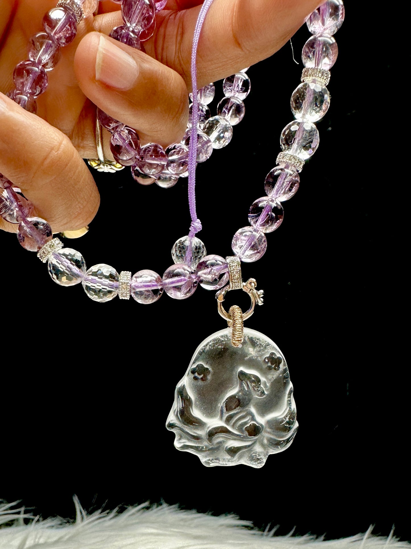 Amethyst Beaded Necklace with Clear Quartz Nine tailed fox Pendant