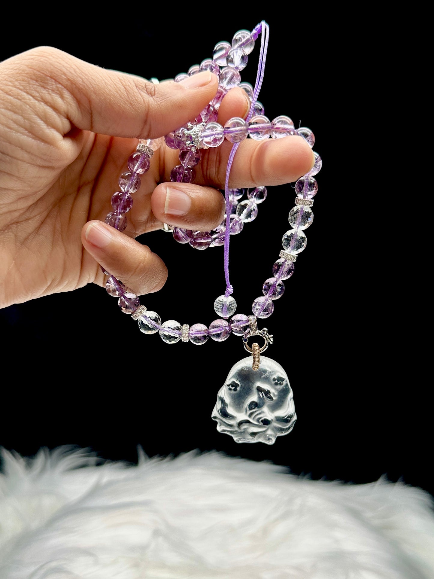 Amethyst Beaded Necklace with Clear Quartz Nine tailed fox Pendant