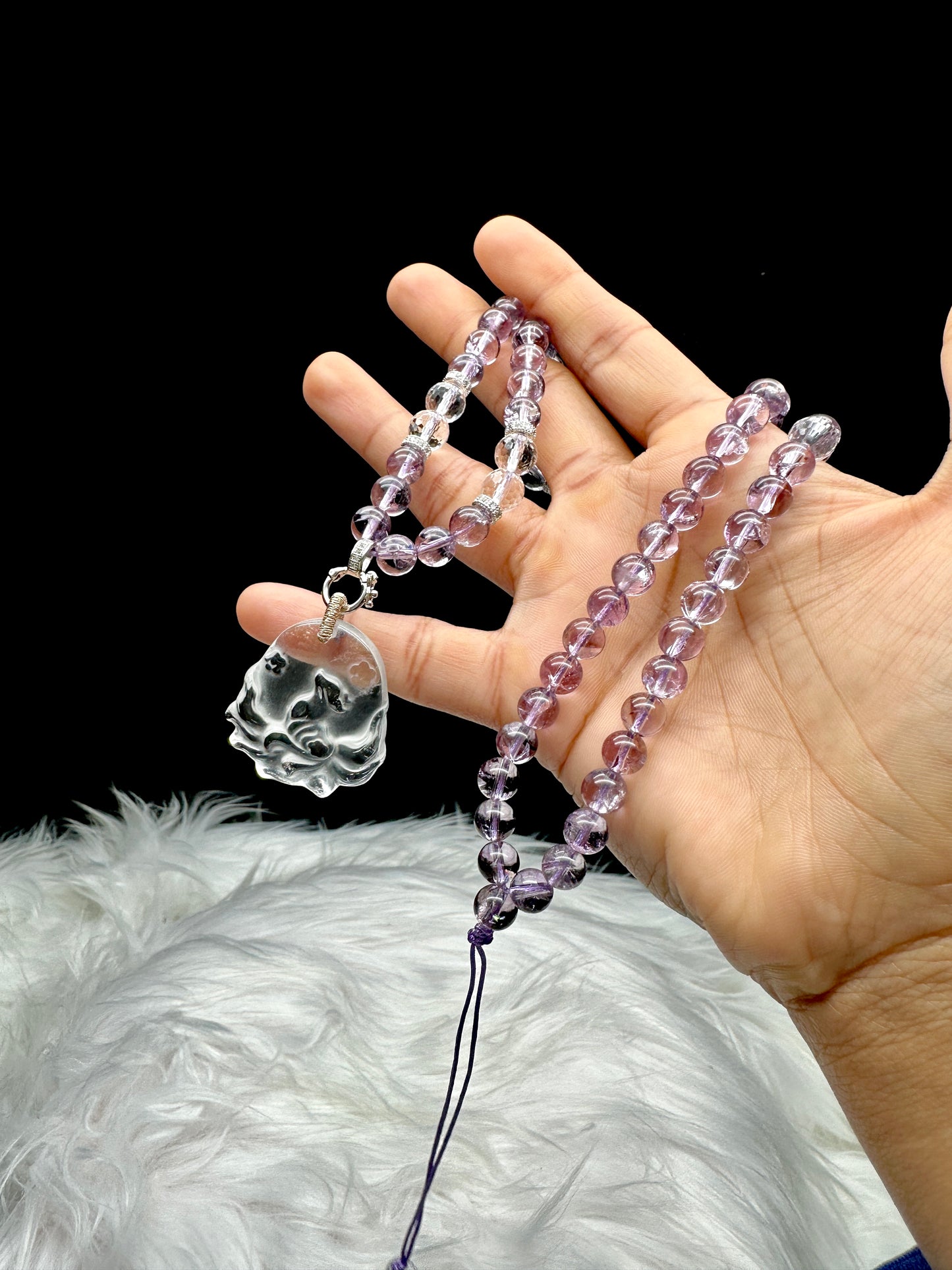 Amethyst Beaded Necklace with Clear Quartz Nine tailed fox Pendant