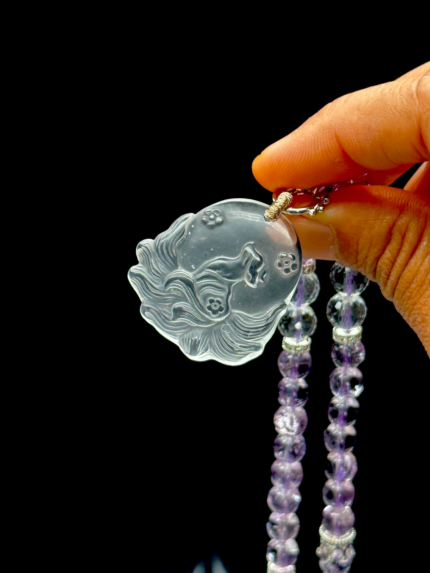 Amethyst Beaded Necklace with Clear Quartz Nine tailed fox Pendant