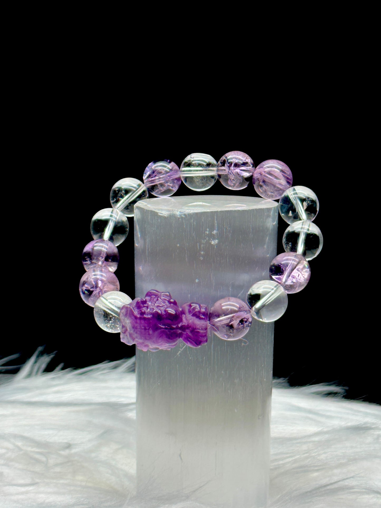 Amethyst and Clear Quartz Crystal Carved Buddha Bracelet - 12mm beads