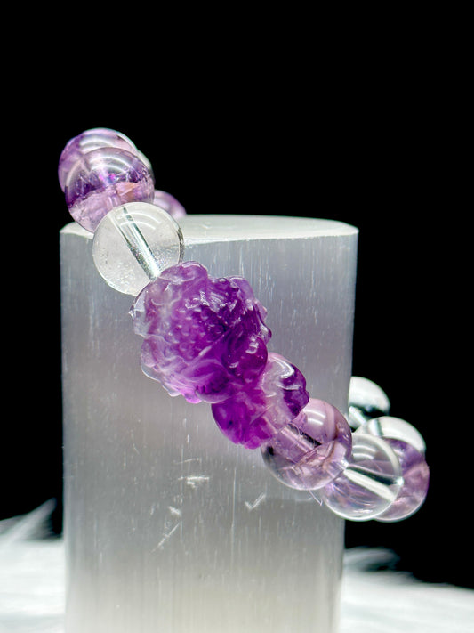 Amethyst and Clear Quartz Crystal Carved Buddha Bracelet - 12mm beads