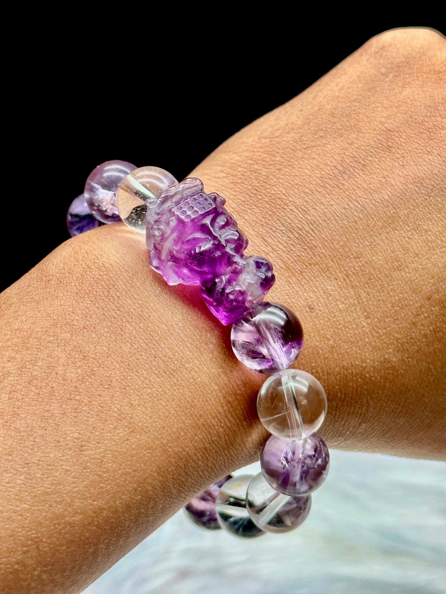 Amethyst and Clear Quartz Crystal Carved Buddha Bracelet - 12mm beads