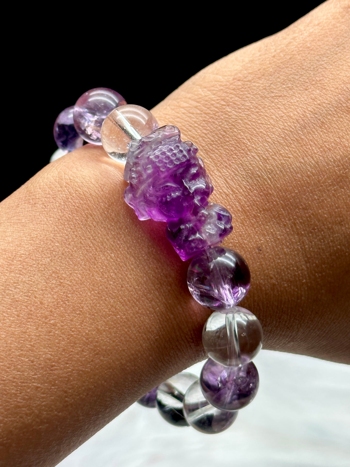 Amethyst and Clear Quartz Crystal Carved Buddha Bracelet - 12mm beads