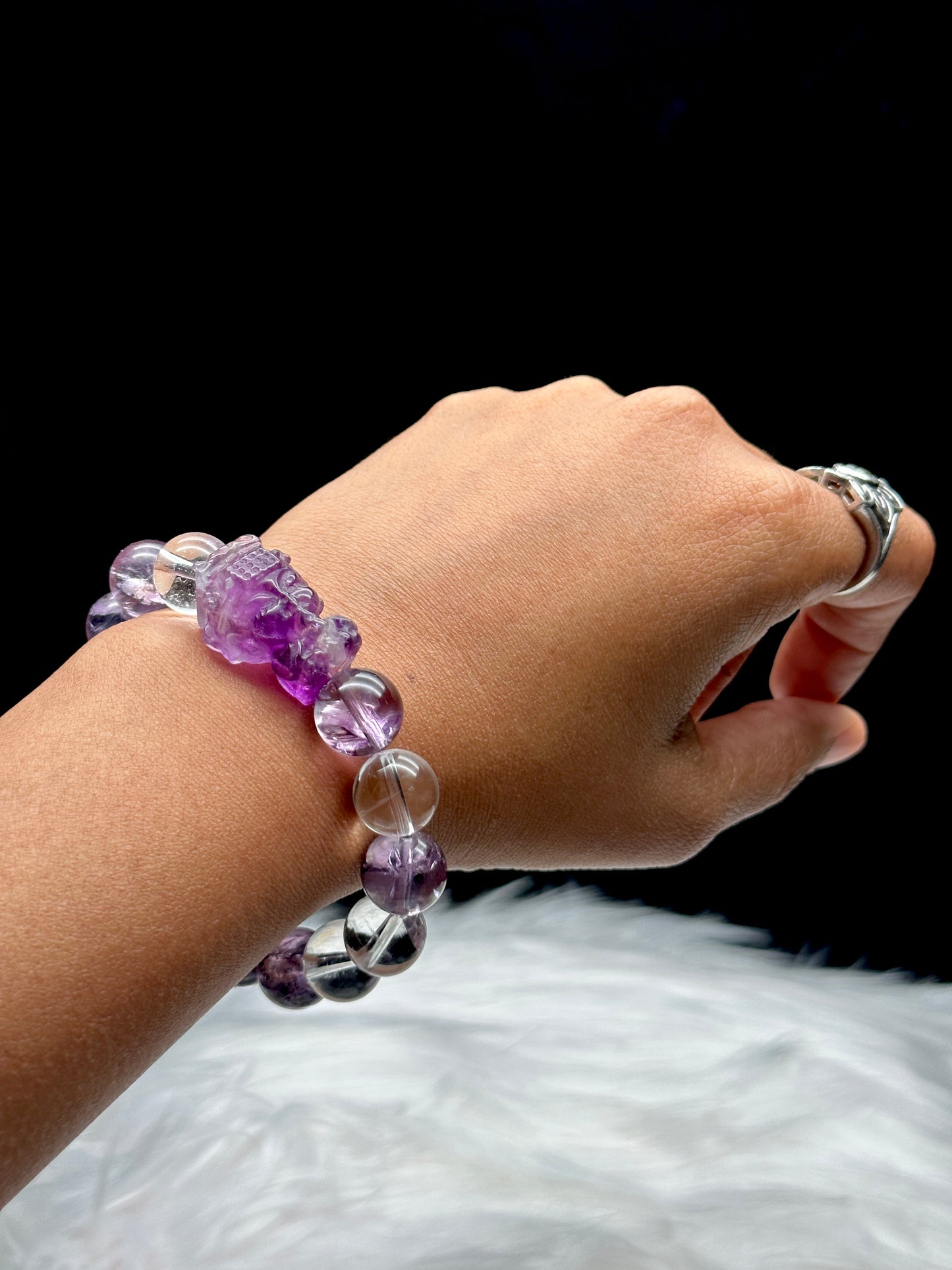 Amethyst and Clear Quartz Crystal Carved Buddha Bracelet - 12mm beads