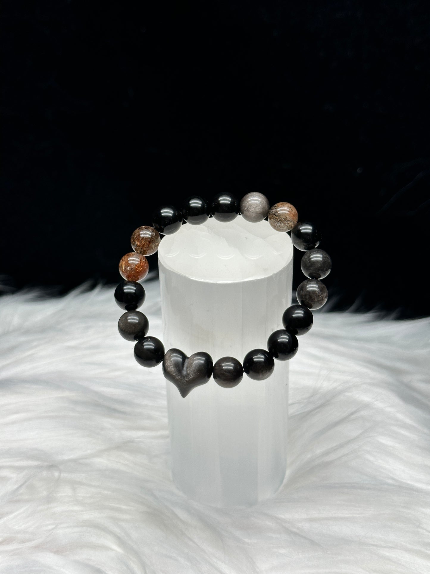 Copper Rutile Quartz and Silver Sheen Obsidian Crystal Bracelet with Carved Heart Centerpiece