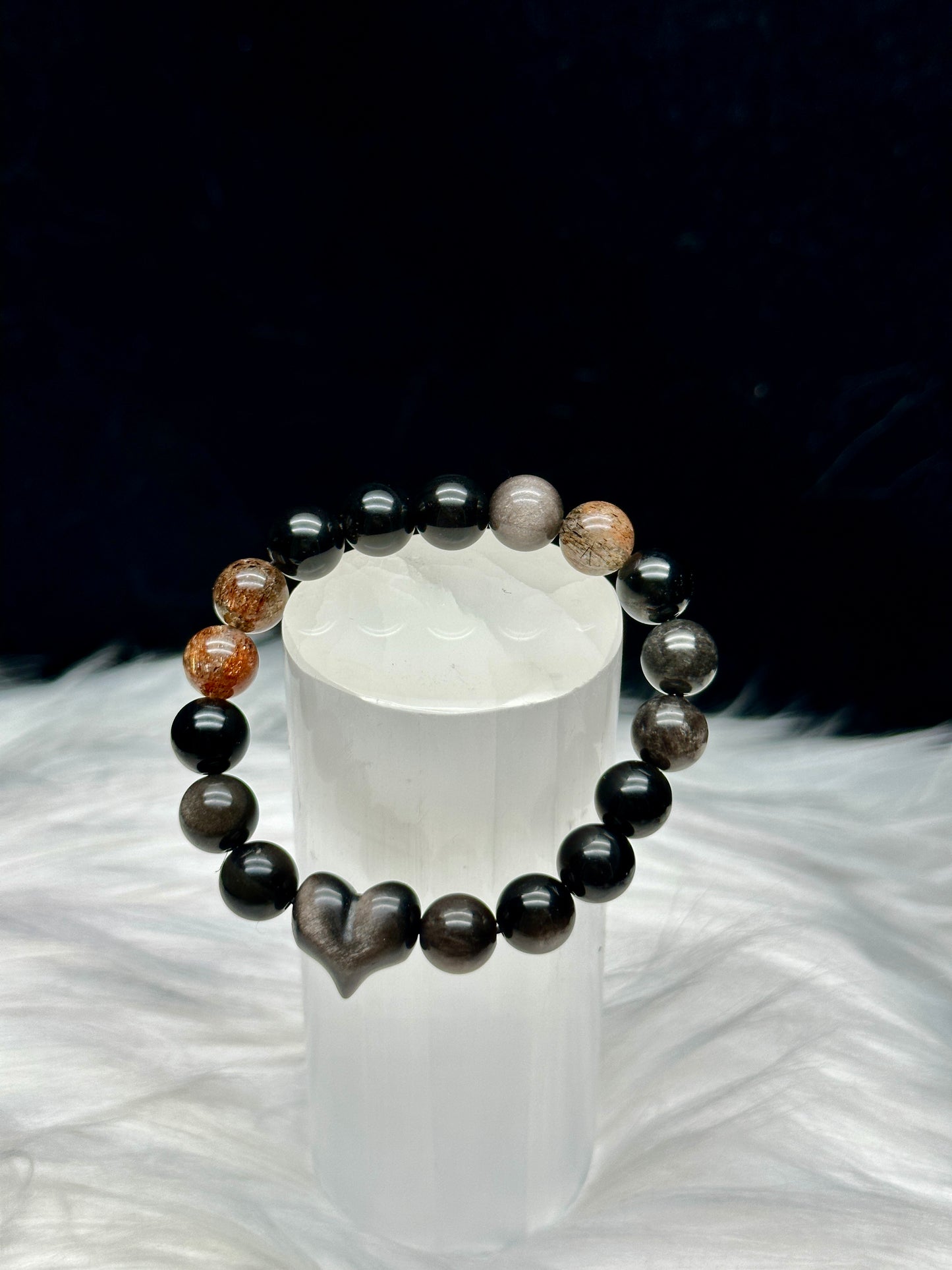 Copper Rutile Quartz and Silver Sheen Obsidian Crystal Bracelet with Carved Heart Centerpiece