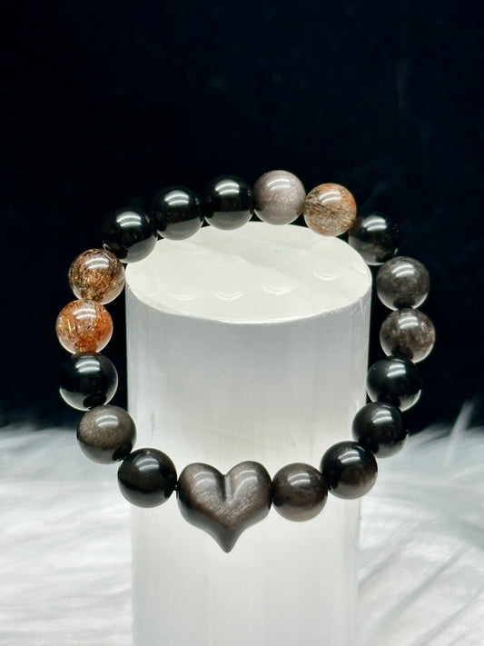 Copper Rutile Quartz and Silver Sheen Obsidian Crystal Bracelet with Carved Heart Centerpiece