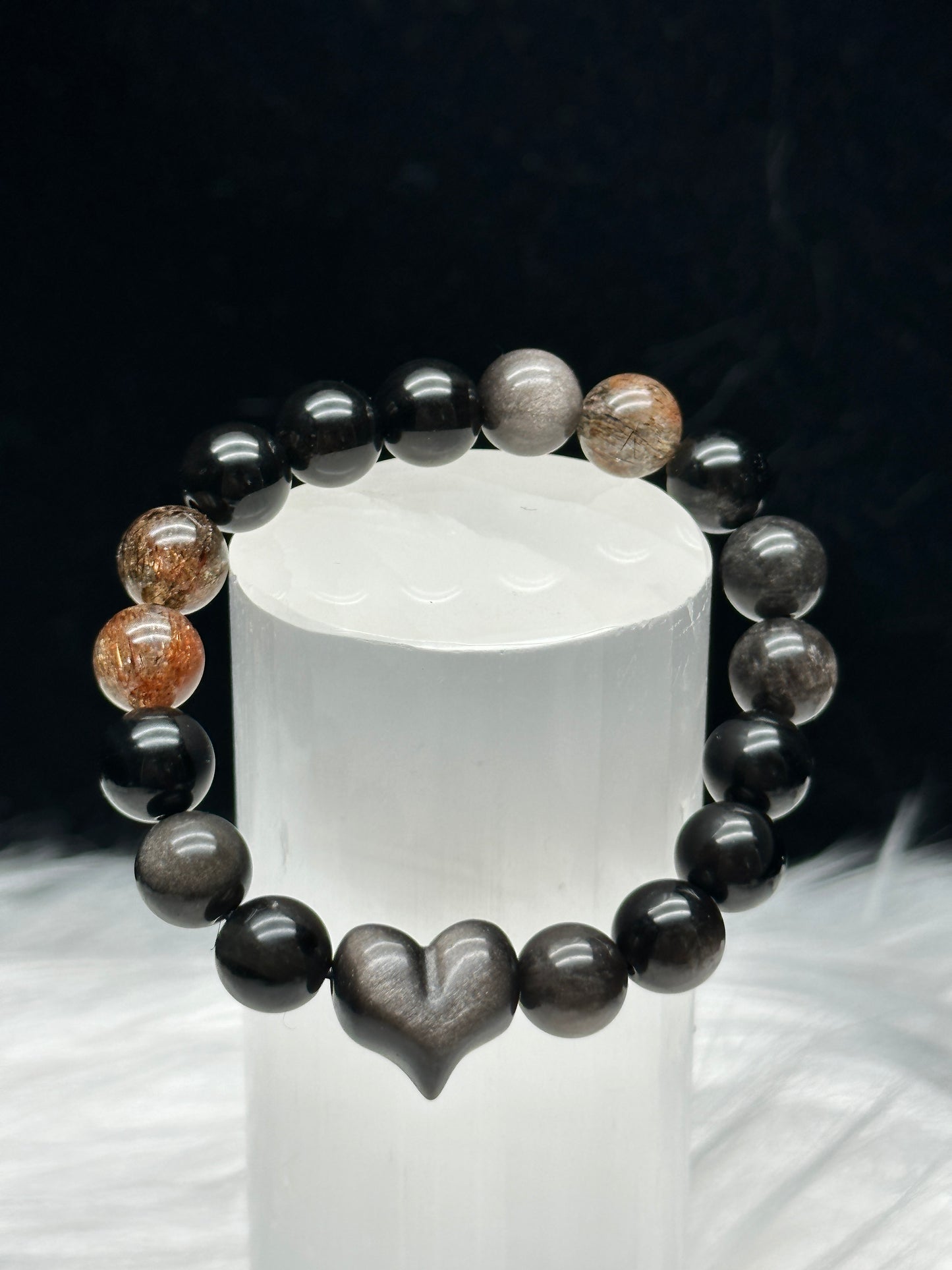 Copper Rutile Quartz and Silver Sheen Obsidian Crystal Bracelet with Carved Heart Centerpiece