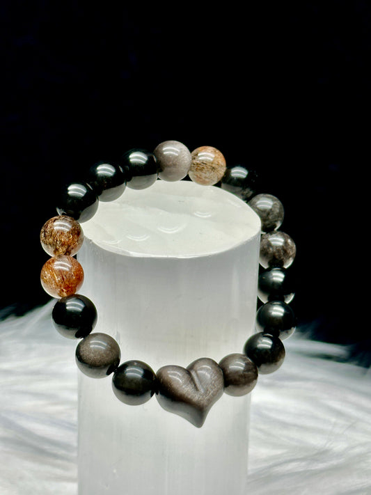 Copper Rutile Quartz and Silver Sheen Obsidian Crystal Bracelet with Carved Heart Centerpiece