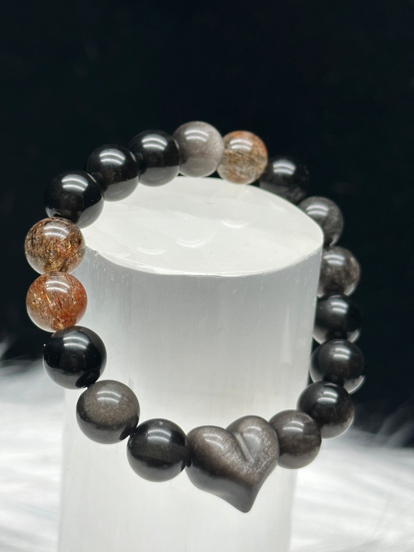 Copper Rutile Quartz and Silver Sheen Obsidian Crystal Bracelet with Carved Heart Centerpiece