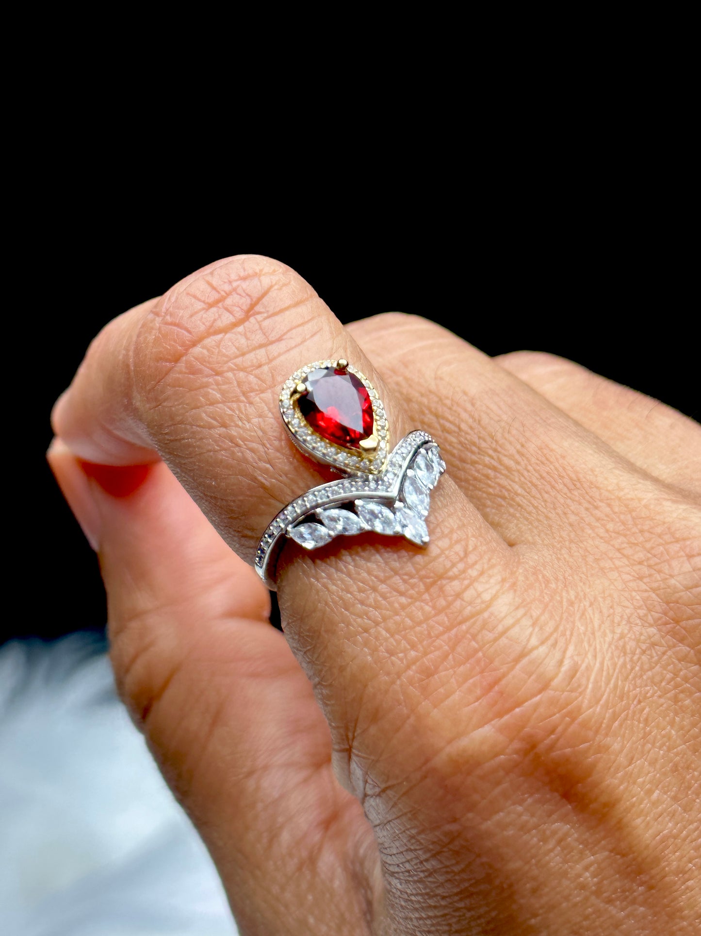 Garnet Gemstone Ring with Moissanite Diamonds – Adjustable Sterling Silver