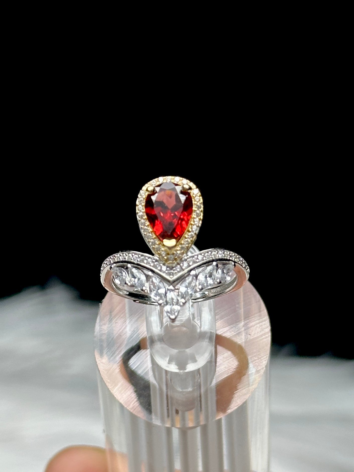 Garnet Gemstone Ring with Moissanite Diamonds – Adjustable Sterling Silver