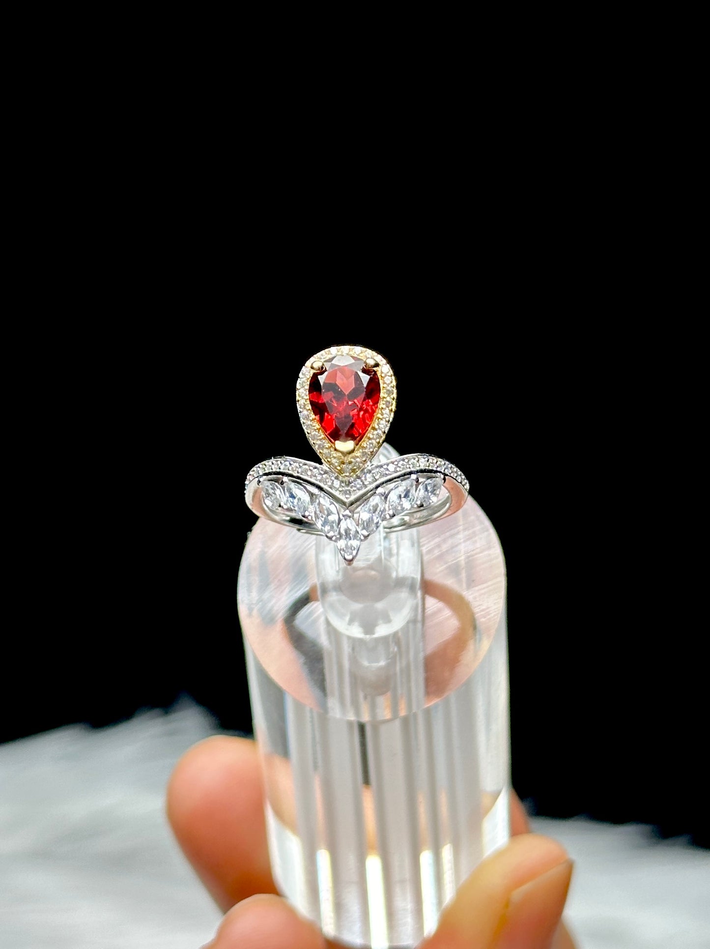 Garnet Gemstone Ring with Moissanite Diamonds – Adjustable Sterling Silver