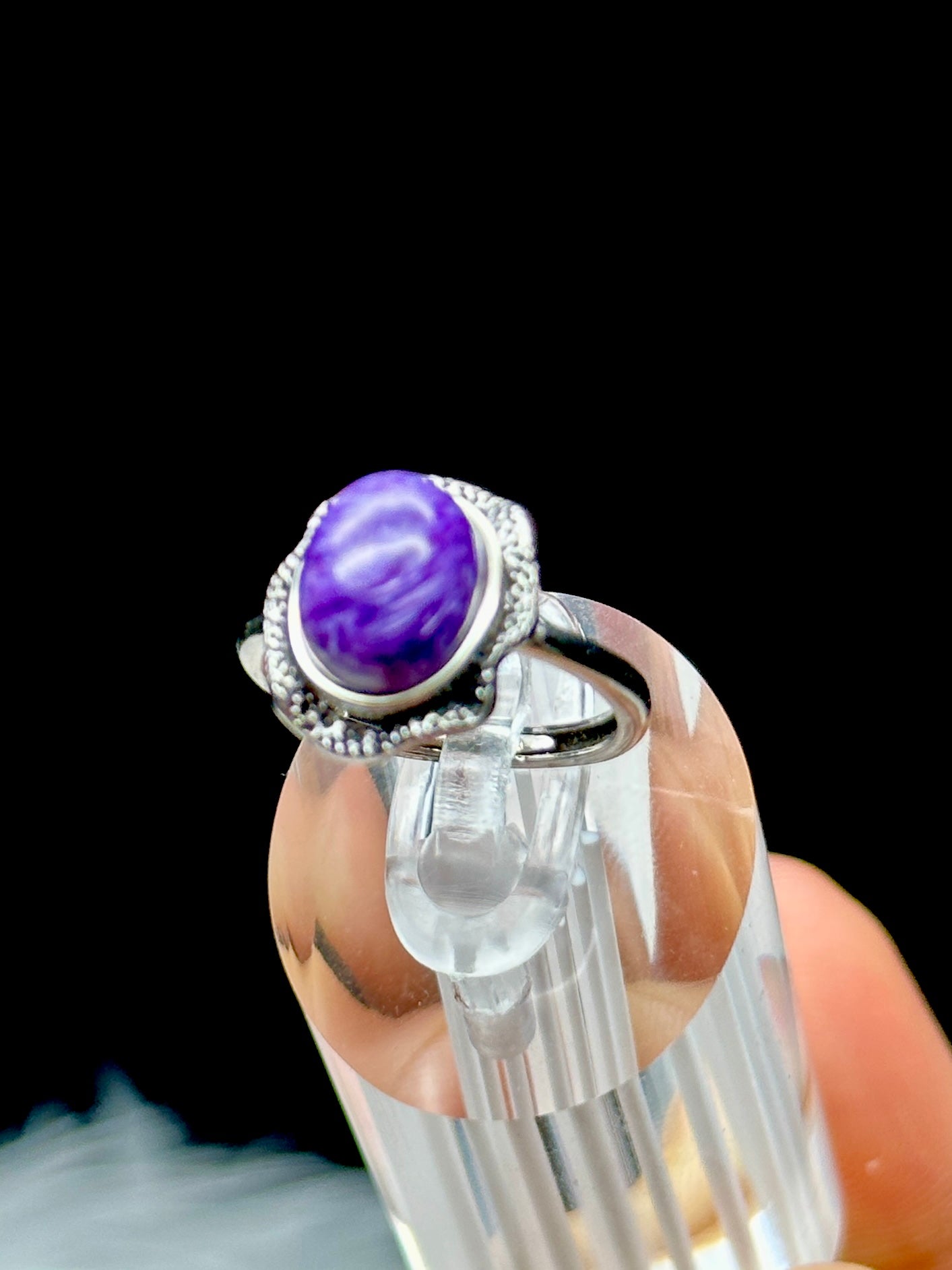 Charoite Crystal Ring – Adjustable Sterling Silver, Handmade Gemstone Jewelry