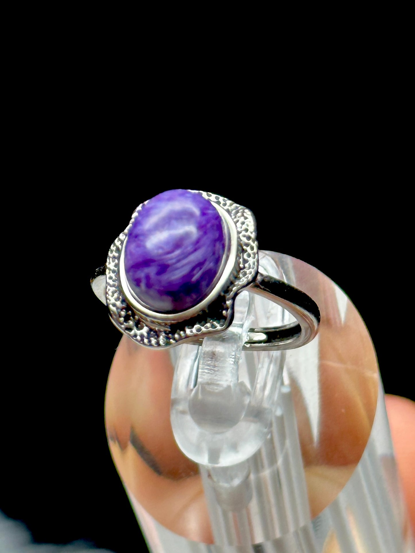 Charoite Crystal Ring – Adjustable Sterling Silver, Handmade Gemstone Jewelry