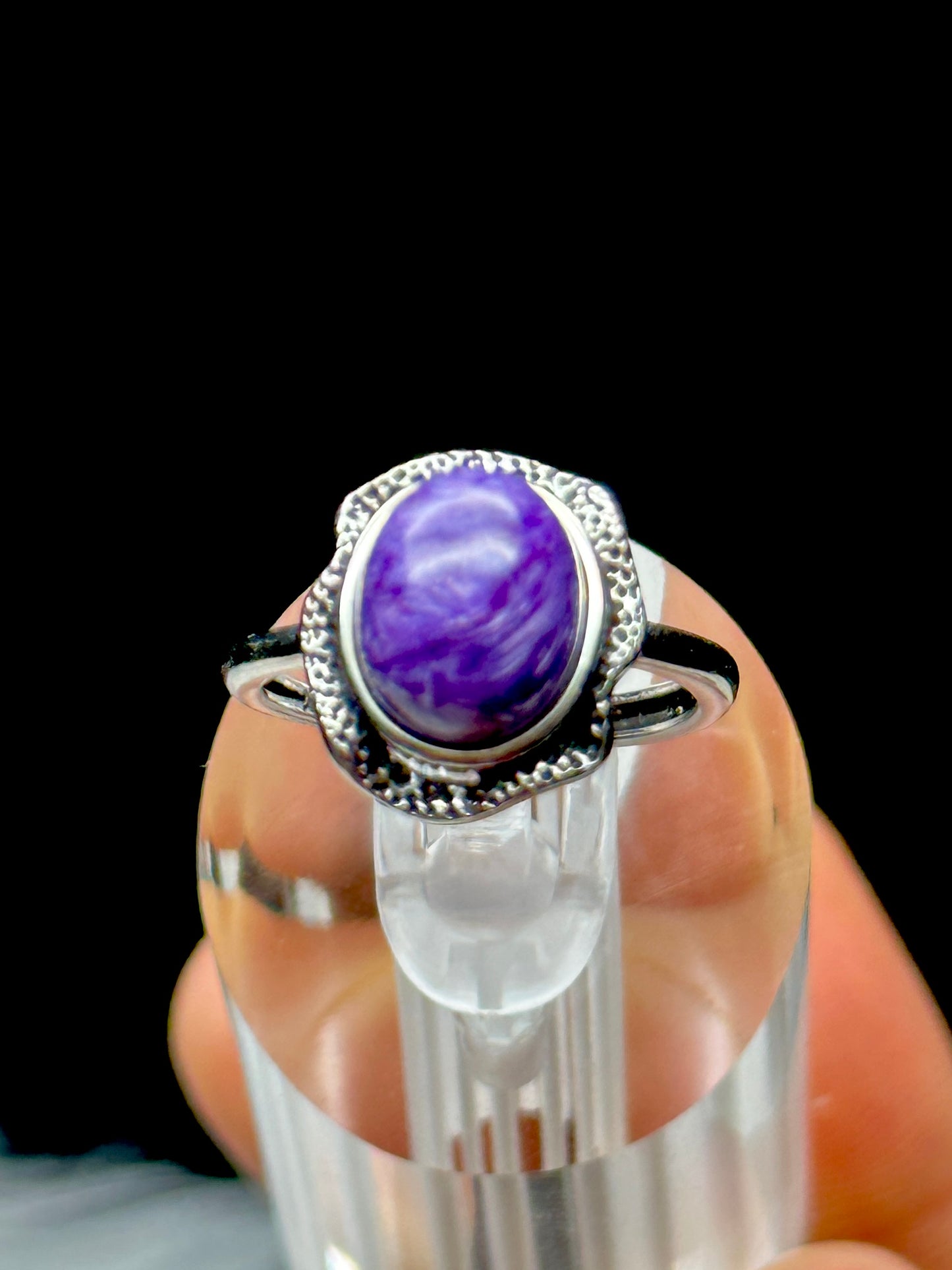 Charoite Crystal Ring – Adjustable Sterling Silver, Handmade Gemstone Jewelry
