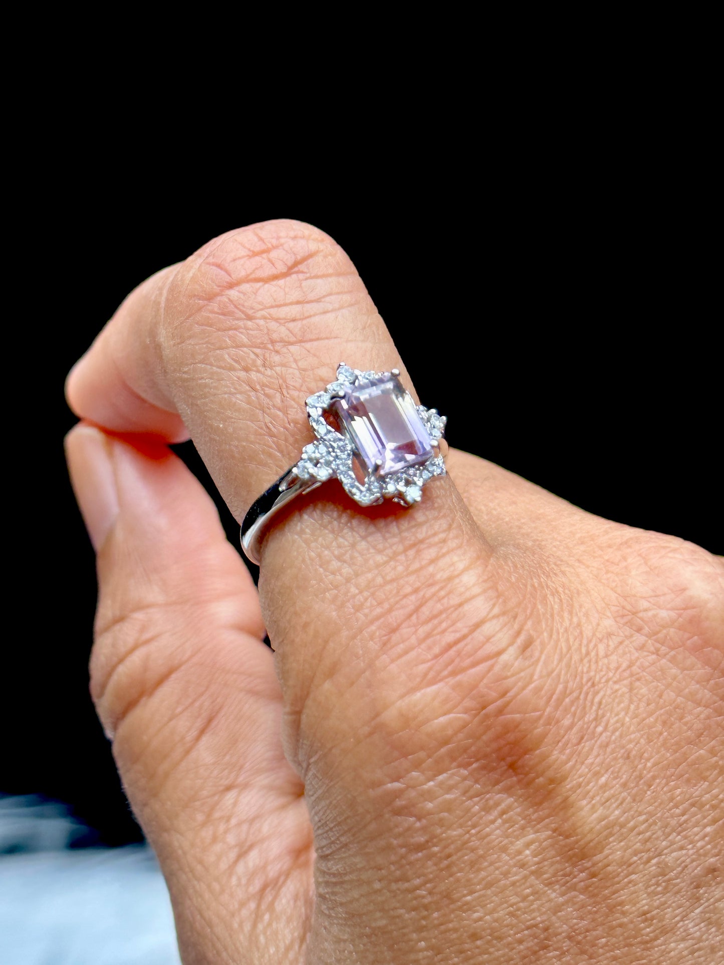 Lavender Moon Quartz Solitaire Ring – Sterling Silver, Adjustable, CZ Diamond Halo