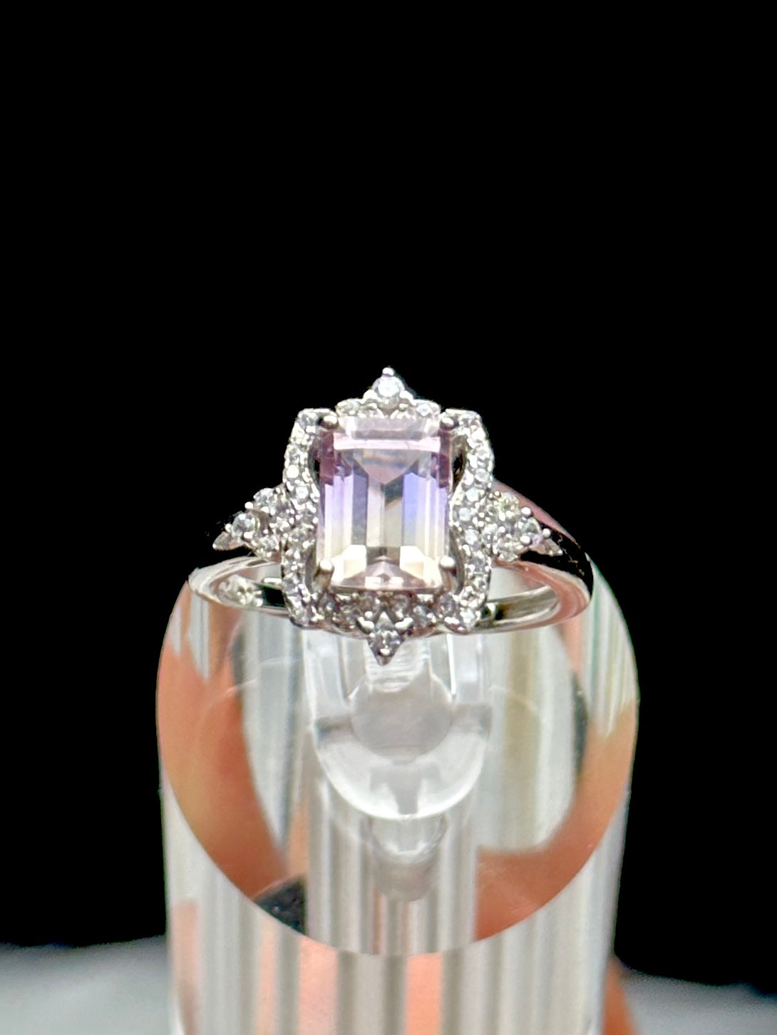 Lavender Moon Quartz Solitaire Ring – Sterling Silver, Adjustable, CZ Diamond Halo