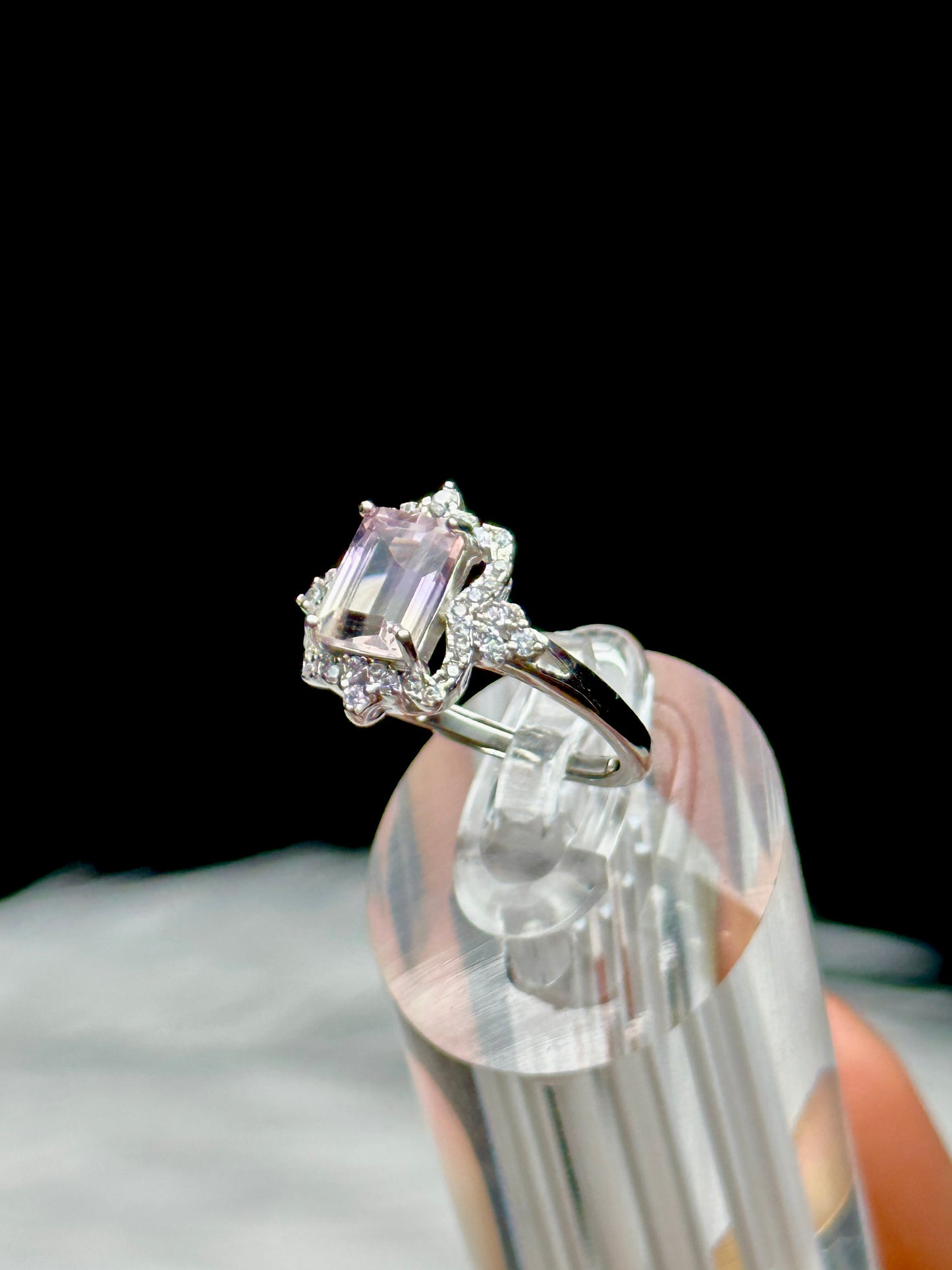 Lavender Moon Quartz Solitaire Ring – Sterling Silver, Adjustable, CZ Diamond Halo