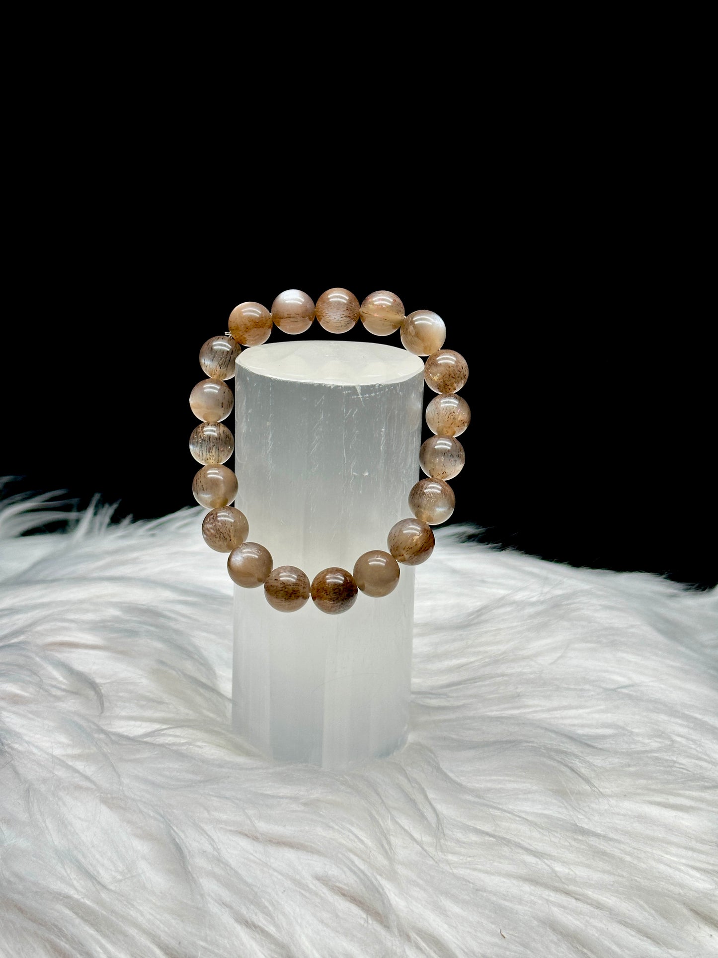 Super Rare Black Sunstone/Moonstone with Rutile Bracelet – 10mm Crystal Beads, Stretchable Cord