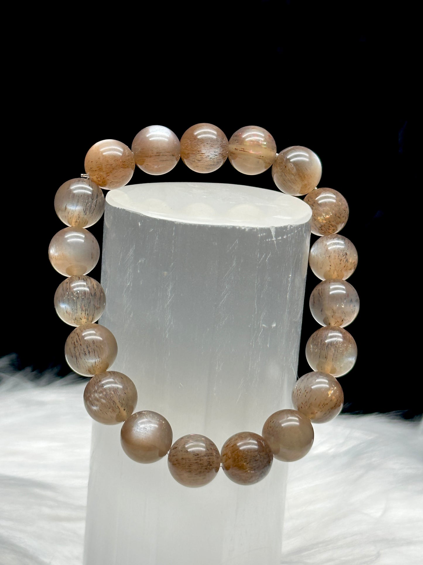 Super Rare Black Sunstone/Moonstone with Rutile Bracelet – 10mm Crystal Beads, Stretchable Cord