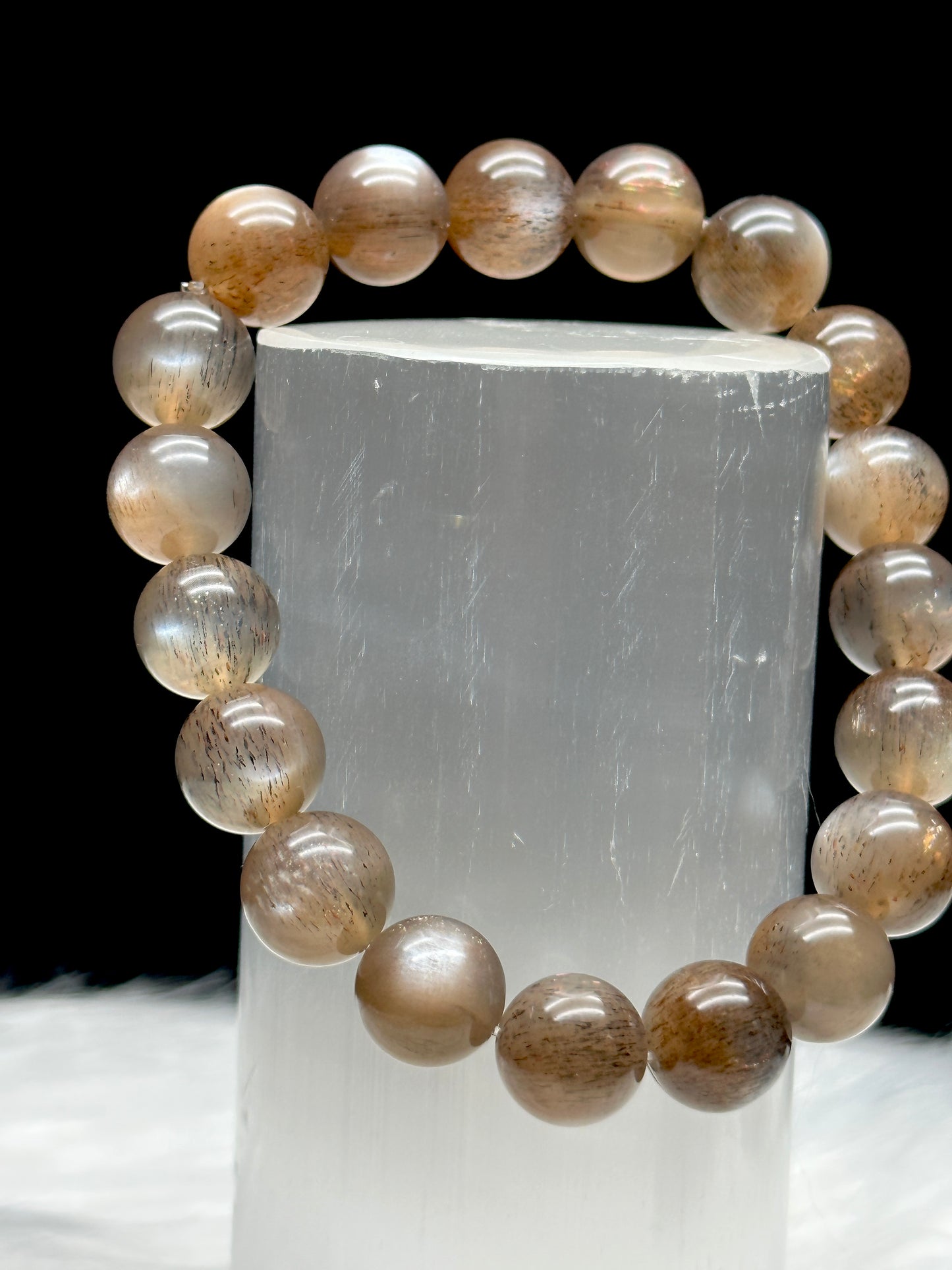 Super Rare Black Sunstone/Moonstone with Rutile Bracelet – 10mm Crystal Beads, Stretchable Cord