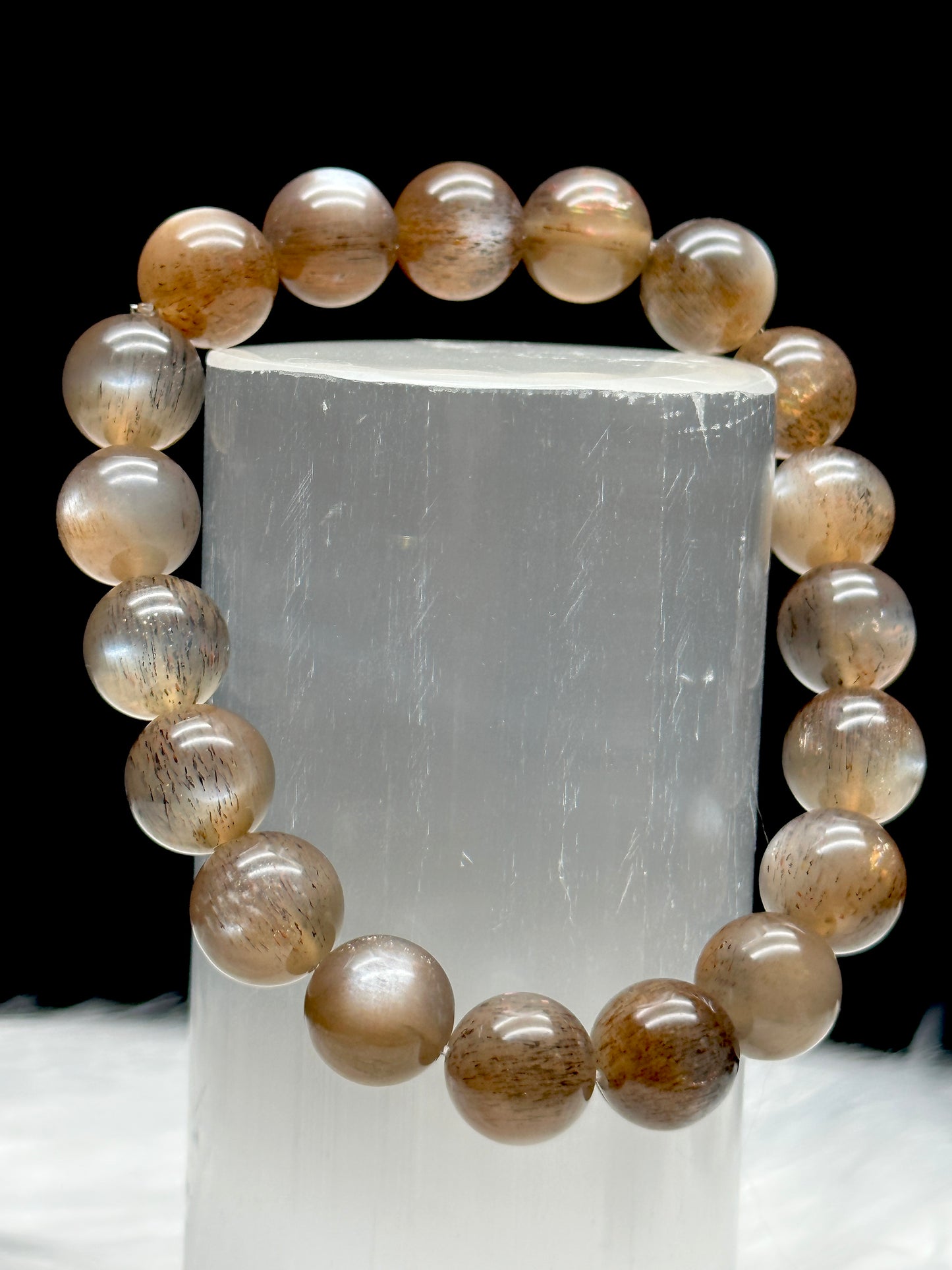 Super Rare Black Sunstone/Moonstone with Rutile Bracelet – 10mm Crystal Beads, Stretchable Cord