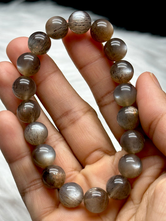 Super Rare Black Sunstone/Moonstone with Rutile Bracelet – 10mm Crystal Beads, Stretchable Cord