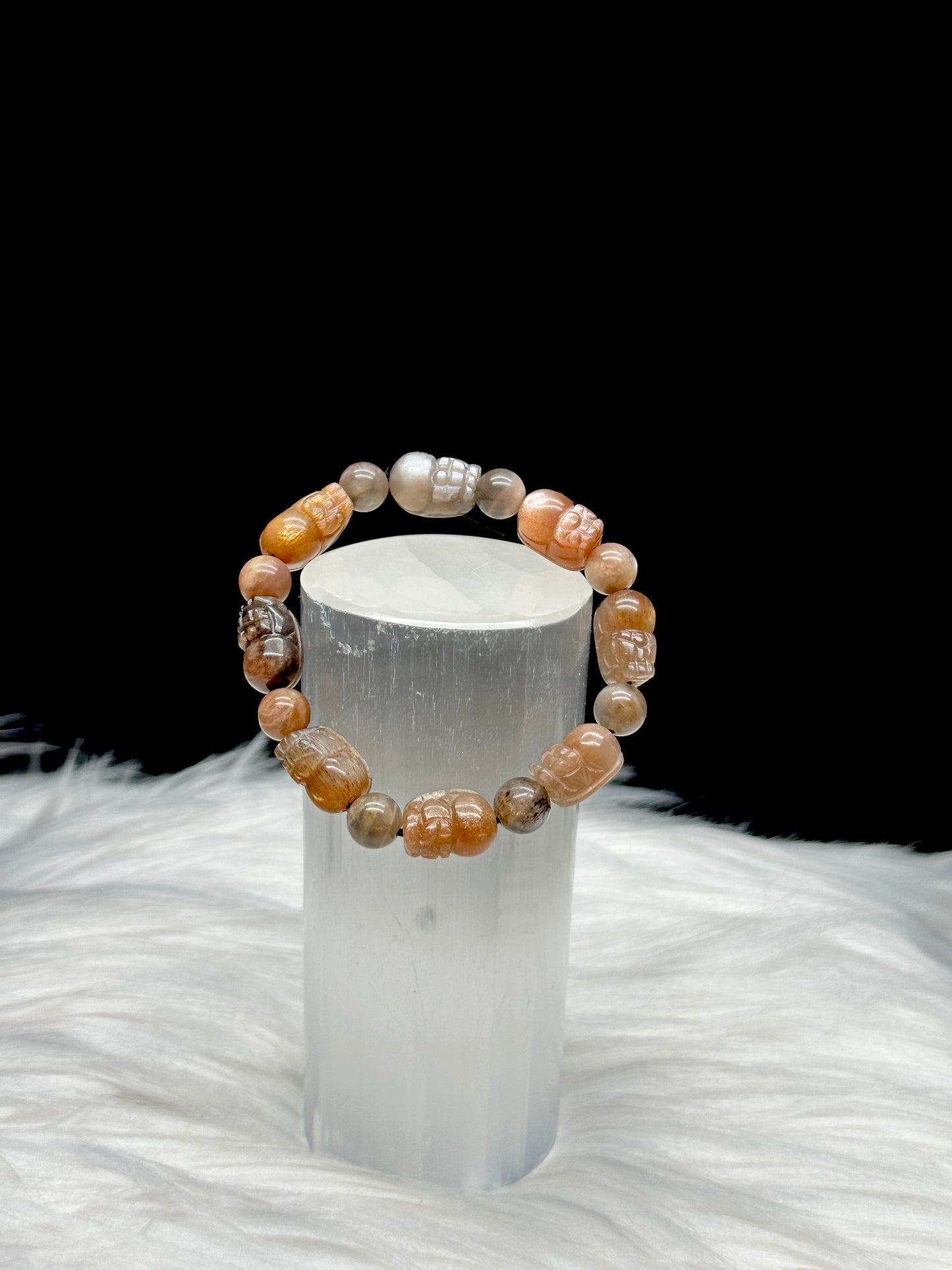 Super Rare Sunmoonstone with Rutile Pixiu Bracelet – Hand-Carved Beads, Stretchable Cord