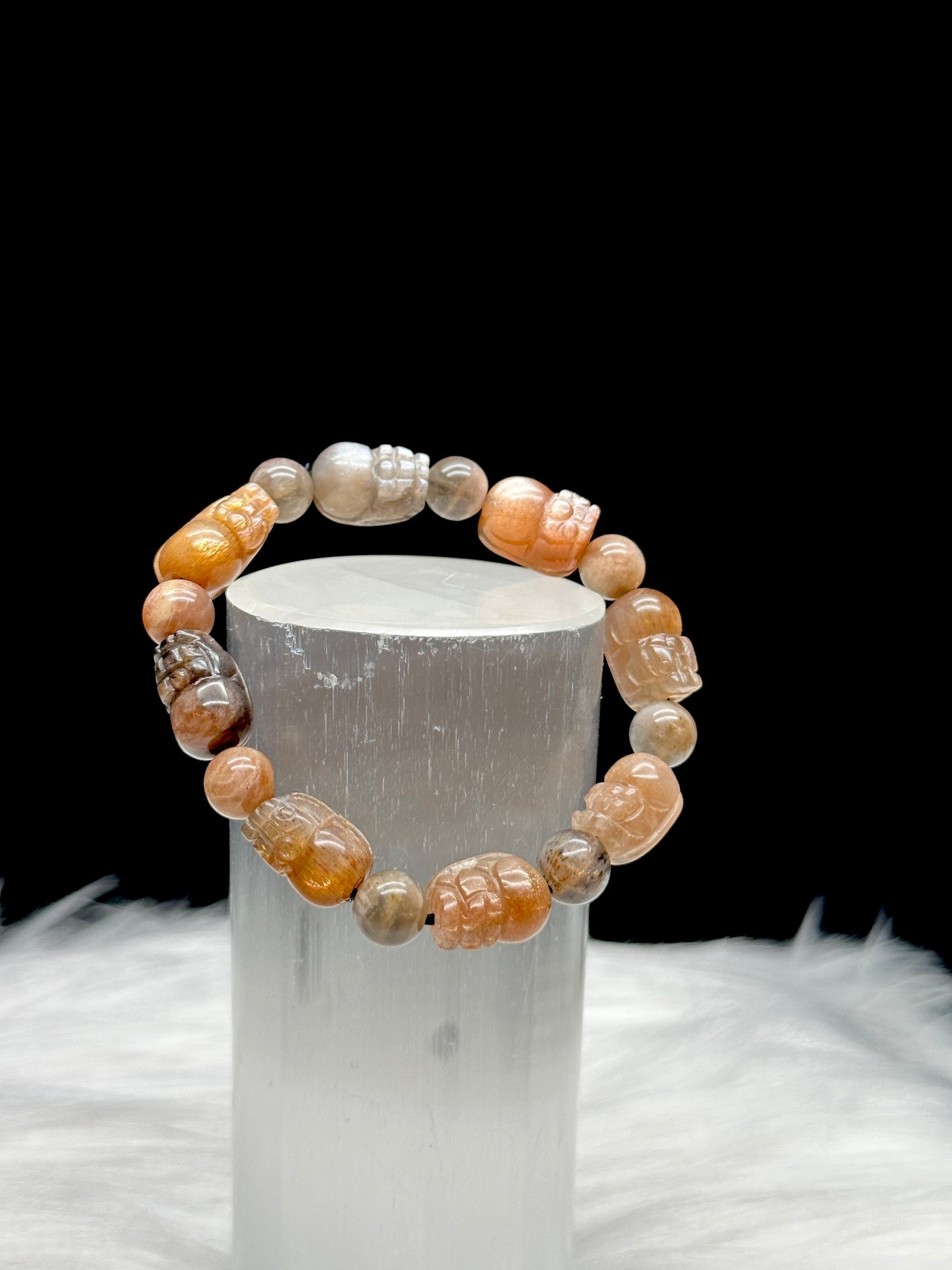 Super Rare Sunmoonstone with Rutile Pixiu Bracelet – Hand-Carved Beads, Stretchable Cord