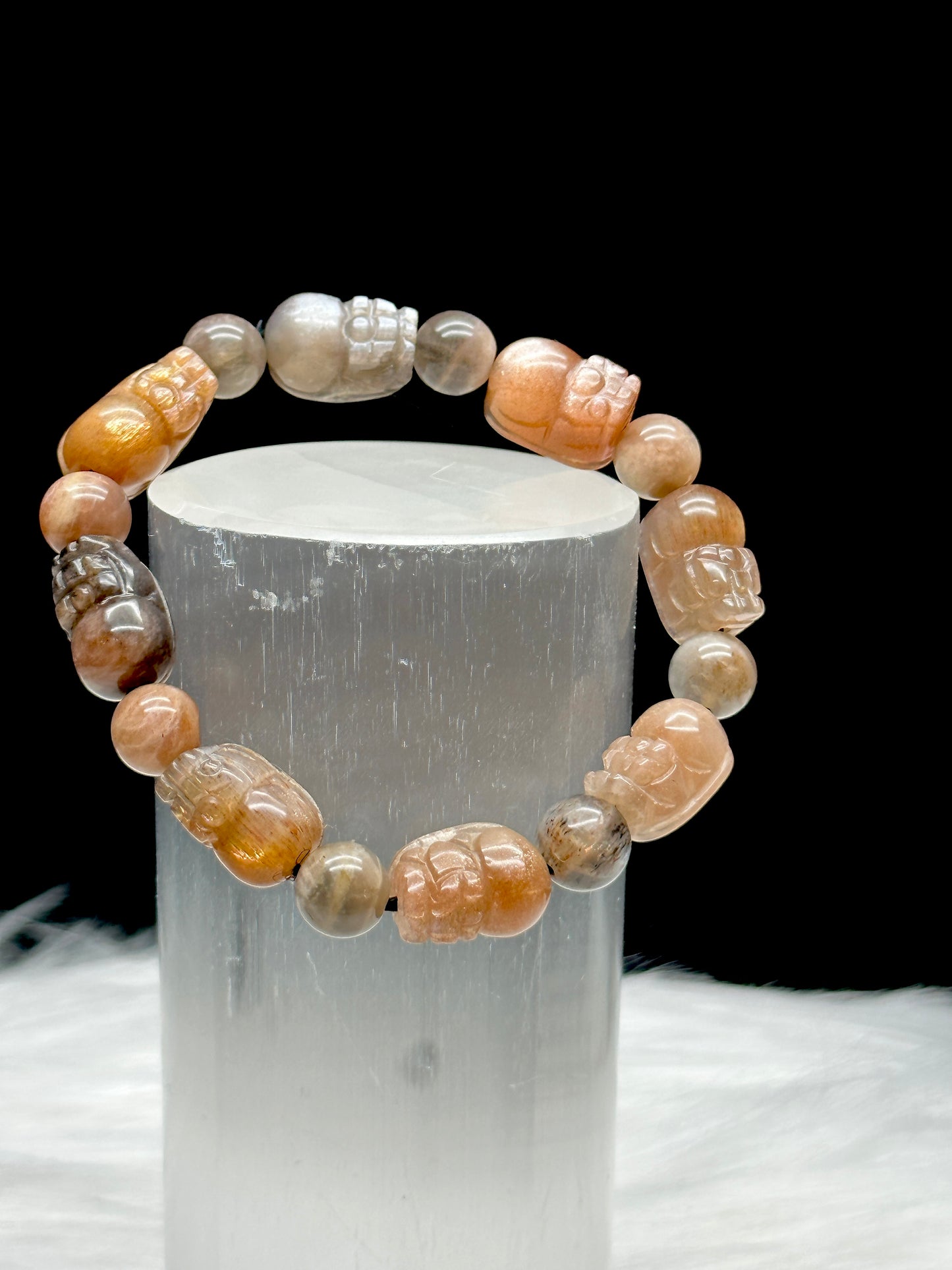 Super Rare Sunmoonstone with Rutile Pixiu Bracelet – Hand-Carved Beads, Stretchable Cord