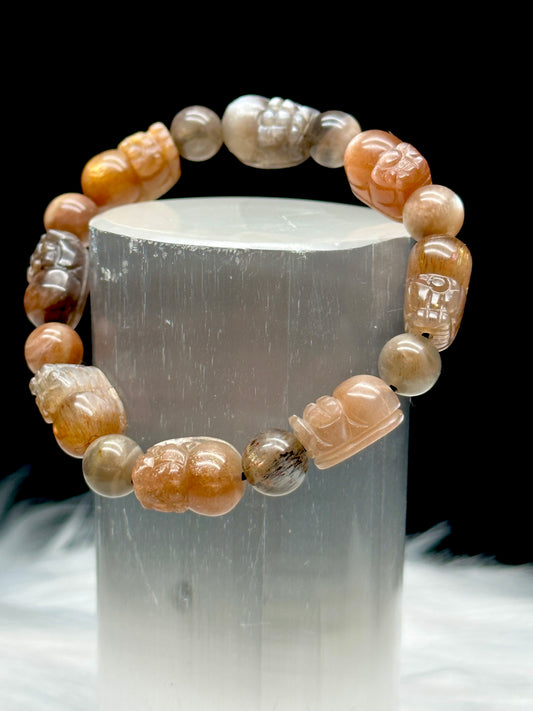 Super Rare Sunmoonstone with Rutile Pixiu Bracelet – Hand-Carved Beads, Stretchable Cord