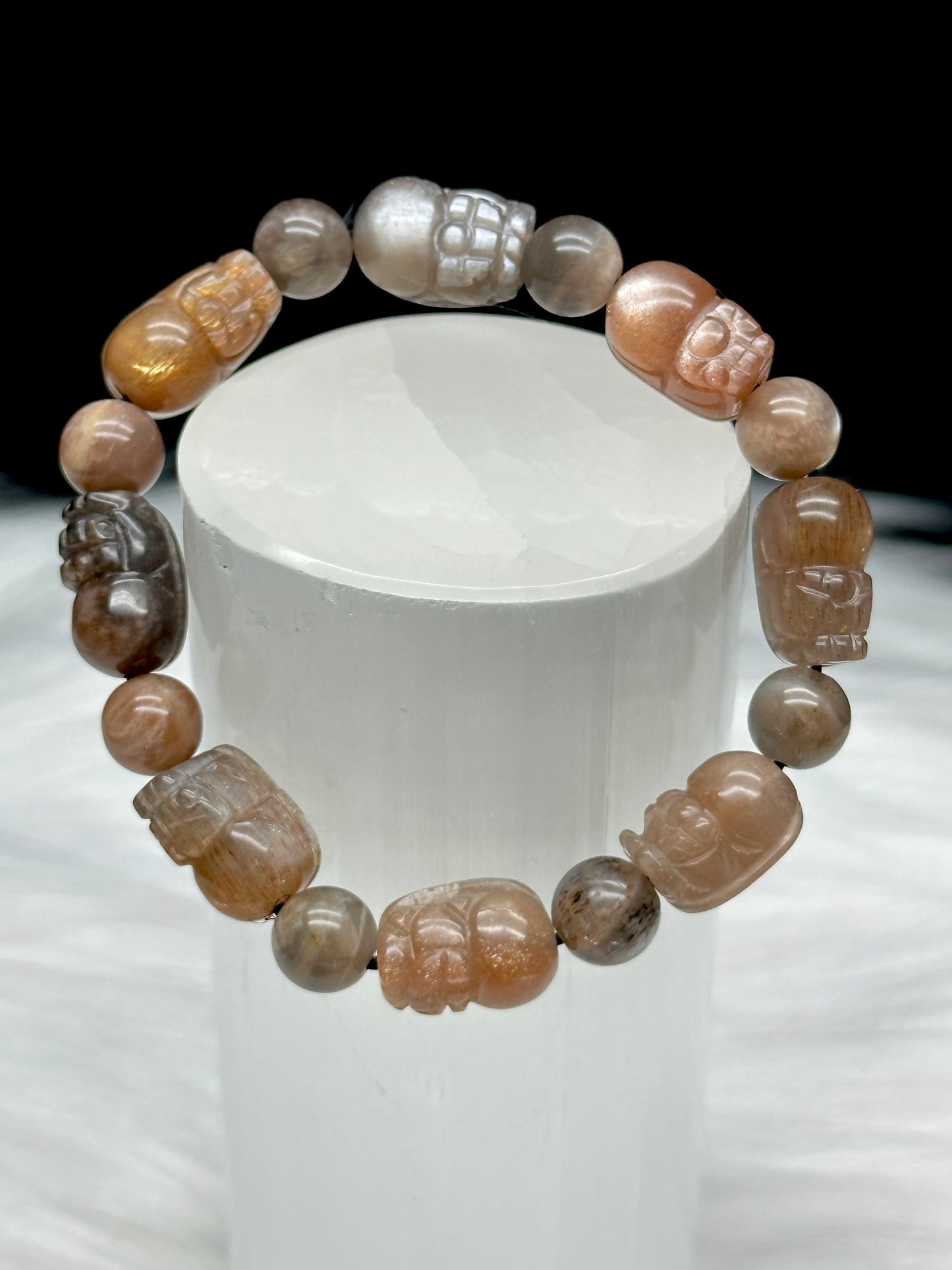 Super Rare Sunmoonstone with Rutile Pixiu Bracelet – Hand-Carved Beads, Stretchable Cord