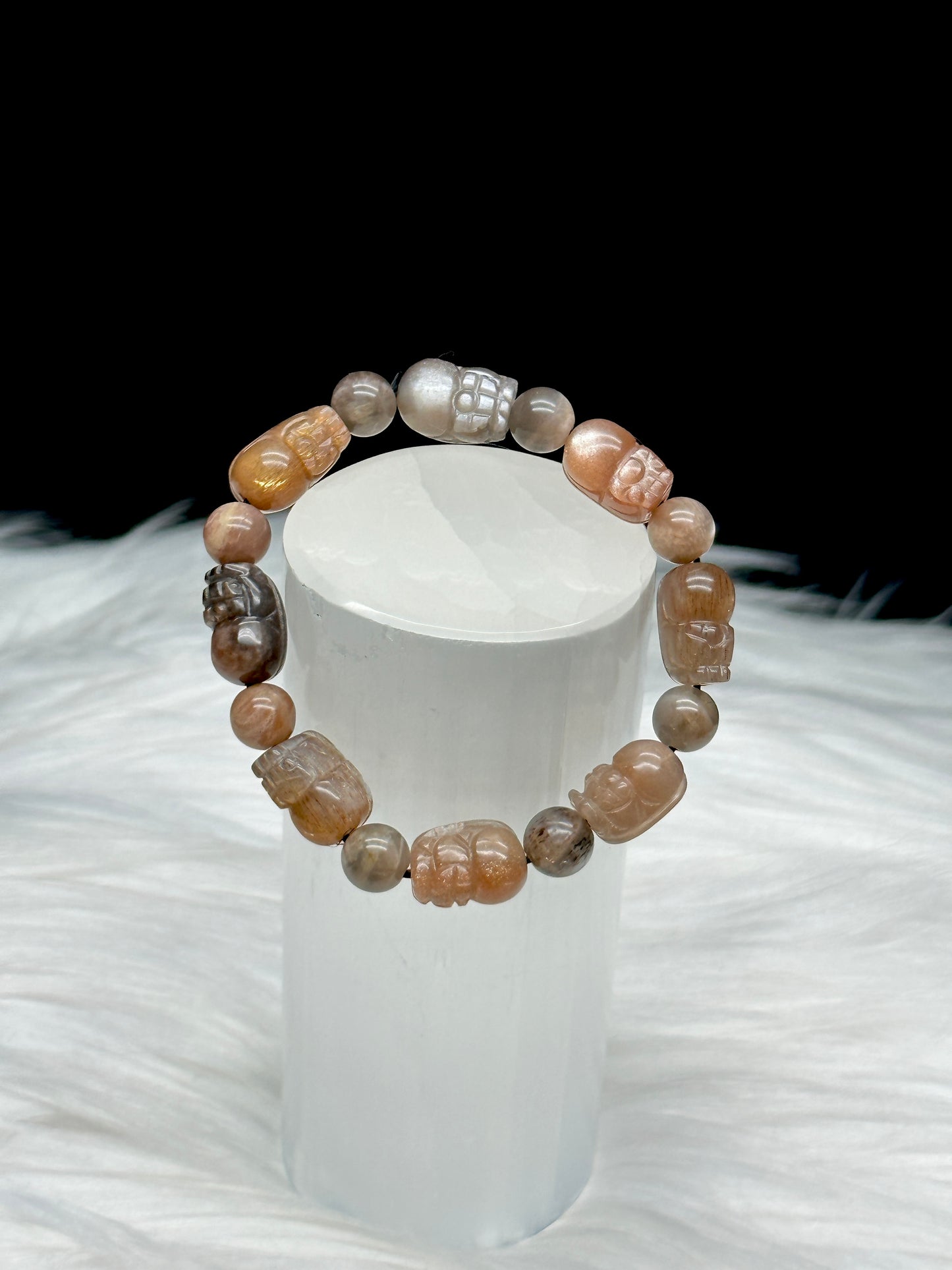 Super Rare Sunmoonstone with Rutile Pixiu Bracelet – Hand-Carved Beads, Stretchable Cord