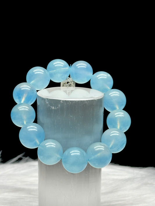 Super Premium Aquamarine Crystal Bracelet – 15mm Beads, Stretchable, High-Quality Gemstone